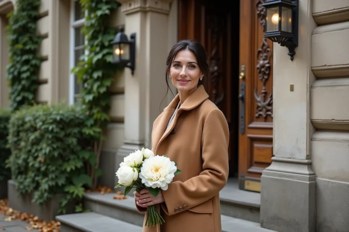 Femme élégante tenant des pivoines devant une façade en pierre parisienne, portrait automnal évoquant une romance secrète