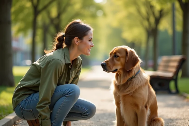 Femme s'occupant de son golden retriever dans un parc urbain, regard complice entre humain et chien