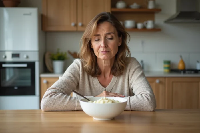 Femme hésitante devant un bol de crème Budwig dans une cuisine lumineuse