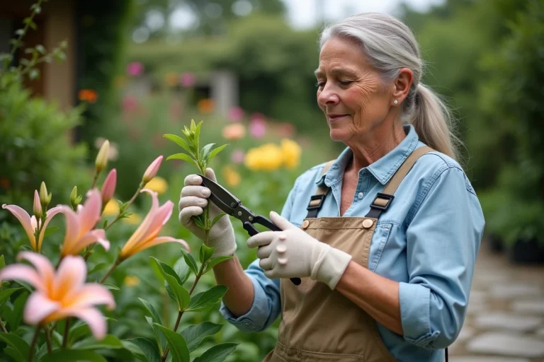Femme en jardinage sélectionne une tige d'alstroemeria