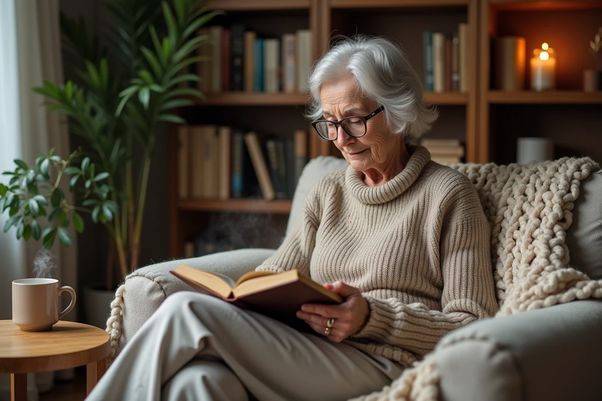Femme âgée lisant dans un coin lecture chaleureux