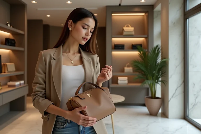 Jeune femme élégante examinant un sac haut de gamme dans une boutique