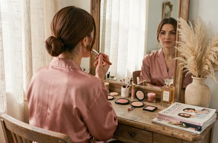 Femme se maquillant devant une coiffeuse en bois avec produits de beauté tendance dans une chambre cosy