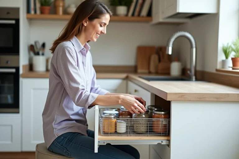 Femme organisant des épices dans un tiroir de cuisine moderne