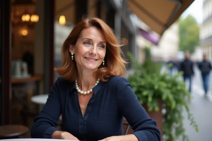 Femme souriante dans un café parisien en terrasse
