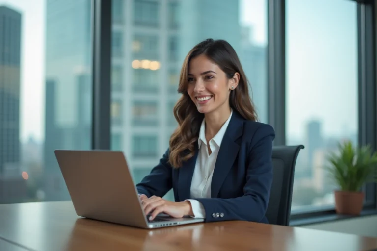 Femme en blazer navy travaillant sur un ordinateur dans un bureau moderne