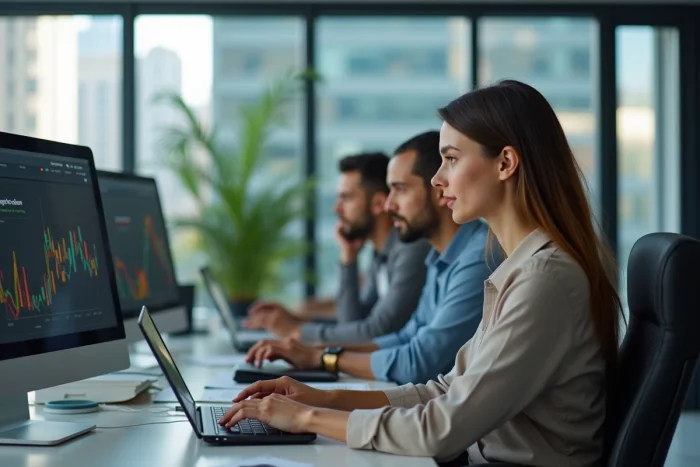 Femme professionnelle en réunion avec équipe web