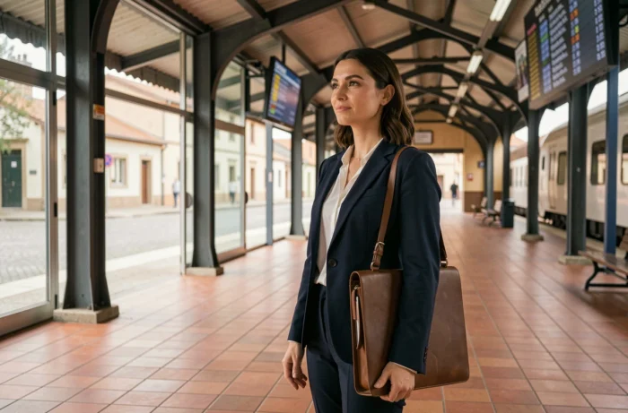Femme professionnelle sur un quai de gare régionale, prête à voyager entre deux grandes villes pour sa carrière