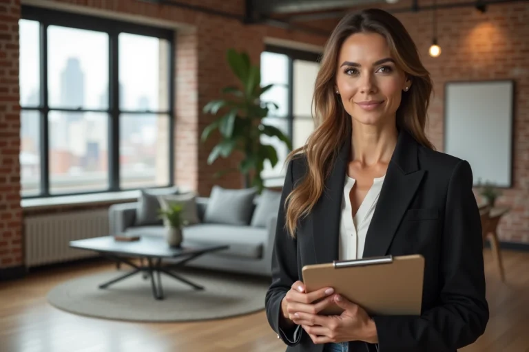 Femme professionnelle en blazer dans un appartement moderne