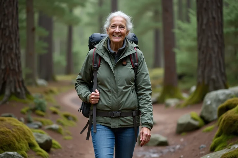 Femme souriante en randonnée dans la forêt