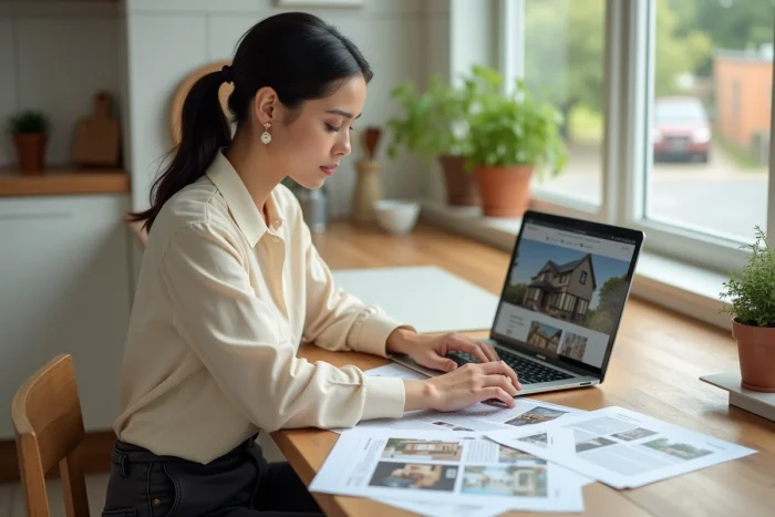 Femme consultant des annonces immobilières sur papier et ordinateur portable dans une cuisine moderne