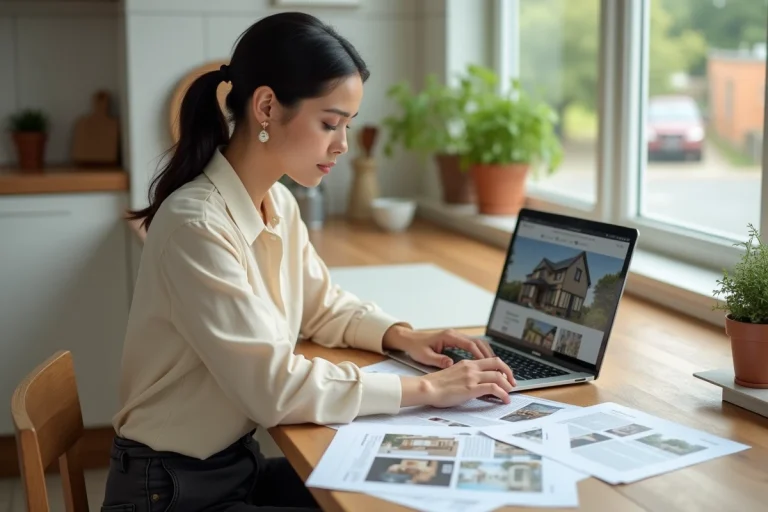 Femme consultant des annonces immobilières sur papier et ordinateur portable dans une cuisine moderne
