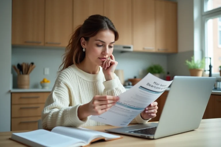 Jeune femme en cuisine compare des brochures de pret
