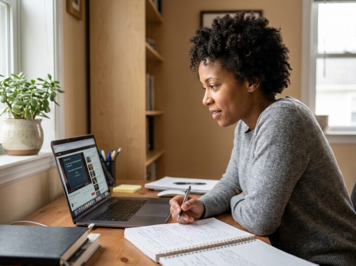 Femme en reconversion professionnelle suivant une formation en ligne sur son ordinateur portable dans un bureau à domicile bien organisé