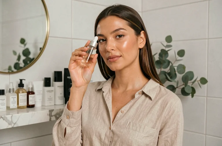 Femme aux 30 ans appliquant un sérum sur peau naturelle dans une salle de bain minimaliste avec produits de beauté tendance