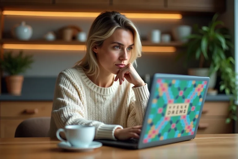 Femme jouant au Scrabble en ligne sur un ordinateur portable dans une cuisine moderne