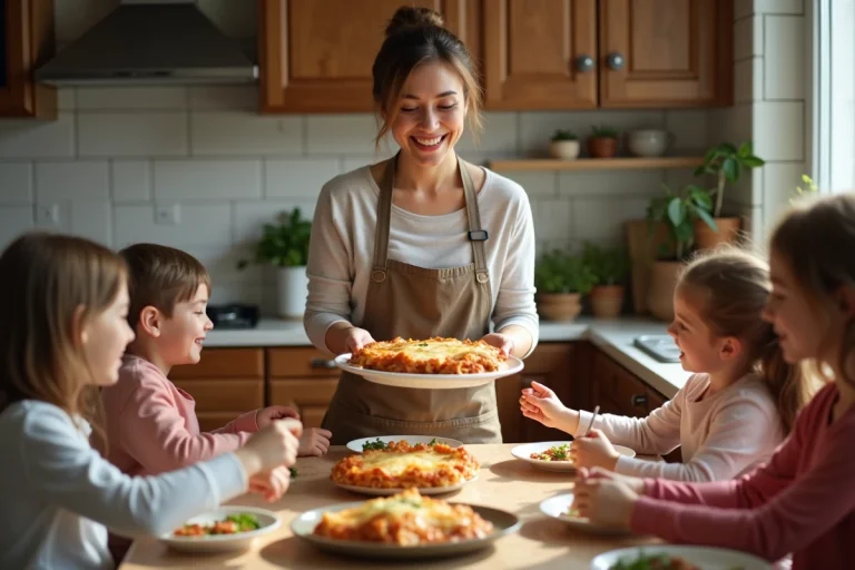 Femme souriante servant des lasagnes à la famille à table