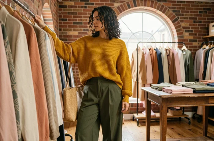 Jeune femme tendance découvrant des vêtements mode dans une boutique de shopping contemporaine aux murs en briques