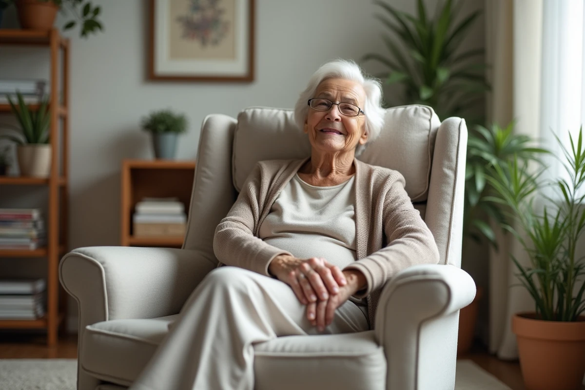 Femme agee teste fauteuil ergonomique dans salon lumineux