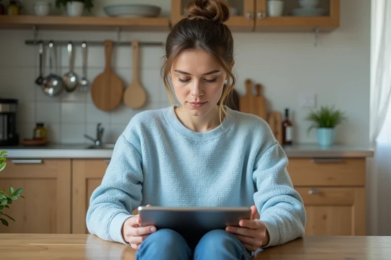 Femme assise à la table avec une tablette dans une cuisine lumineuse