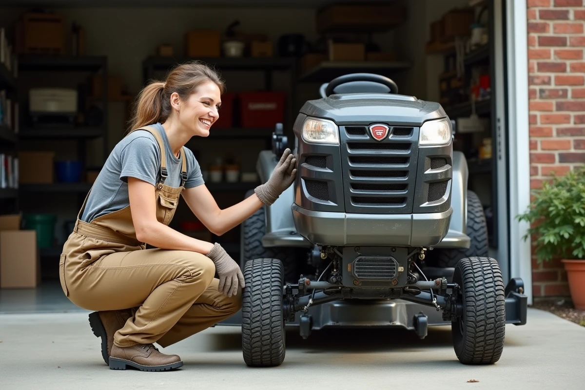 Femme inspecte un lift de tracteur tondeuse dans une allée