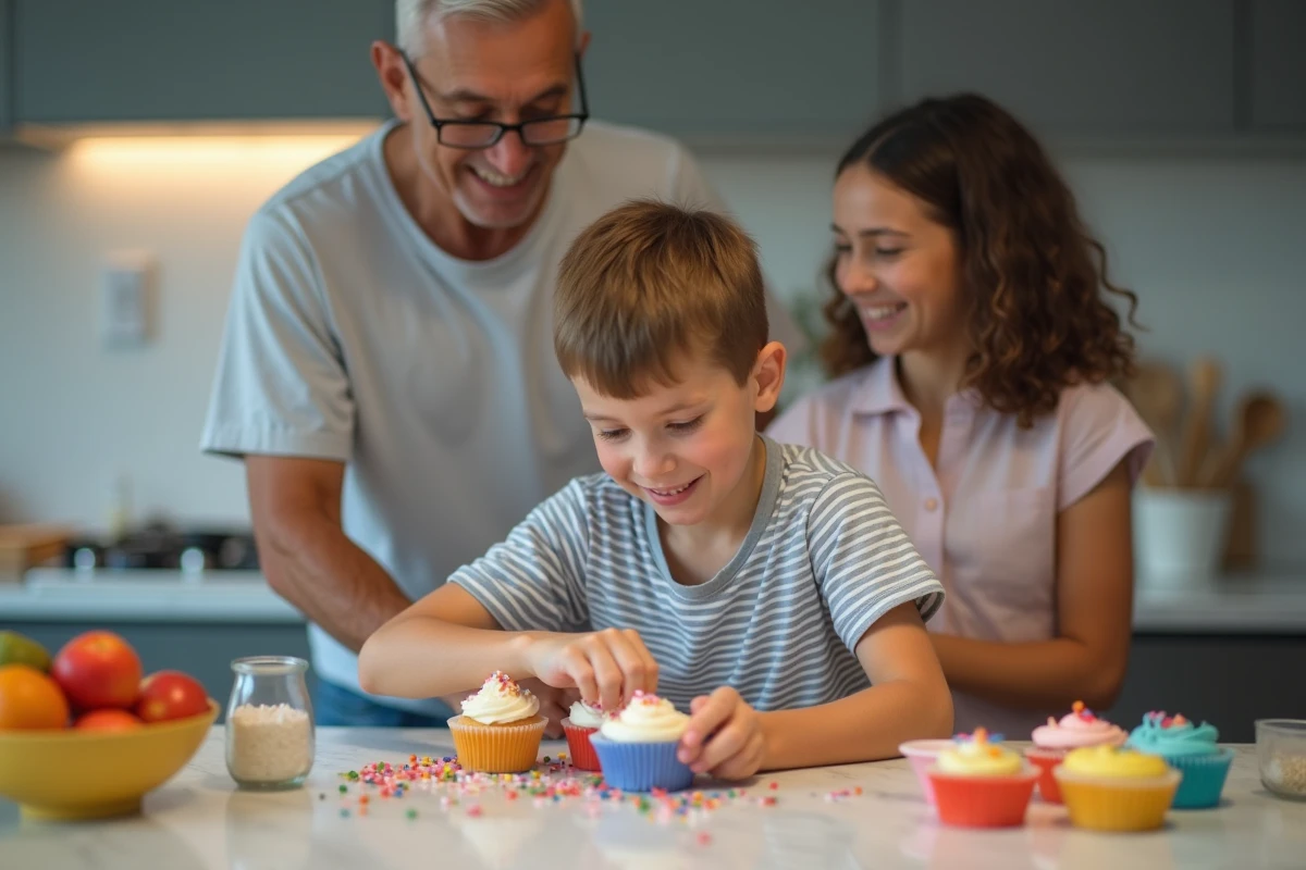 Garçon décorant des cupcakes dans la cuisine moderne