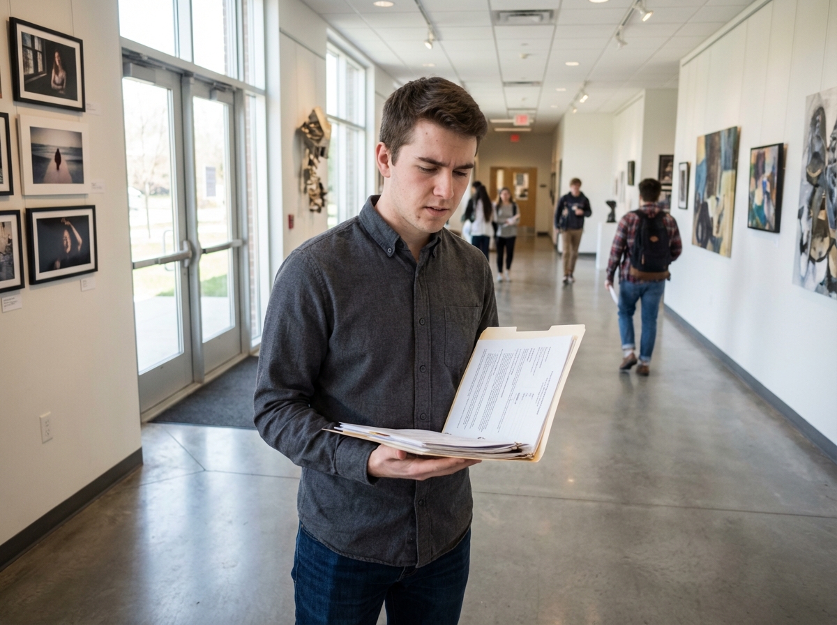 Jeune homme vérifiant ses documents dans un couloir d