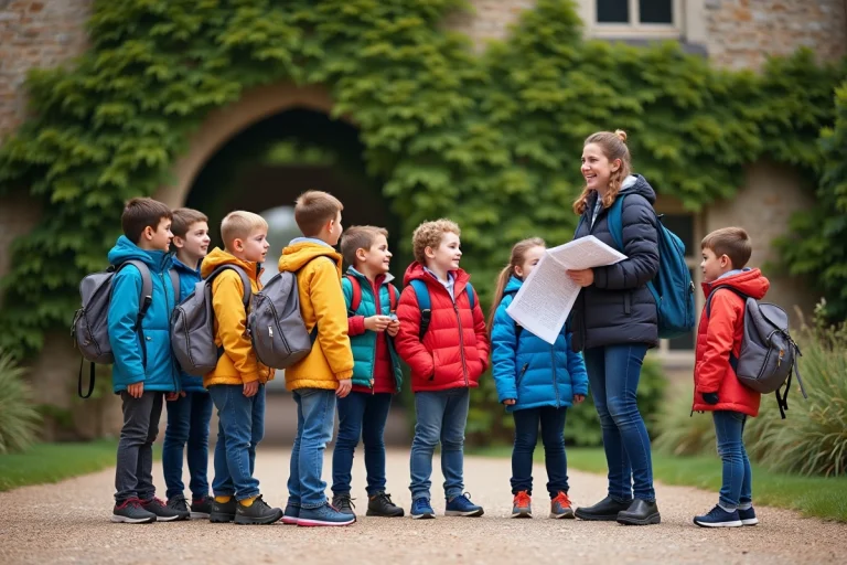 Enfants d'école en sortie scolaire devant un vieux bâtiment