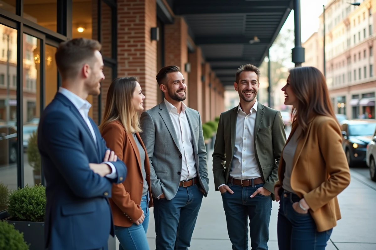 Groupe divers de professionnels discutant en extérieur dans un espace coworking
