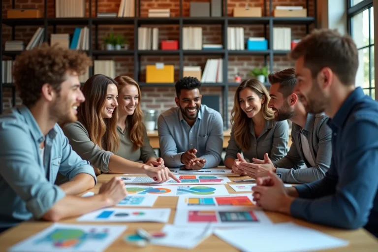 Groupe de jeunes professionnels discutant autour de moodboards colorés
