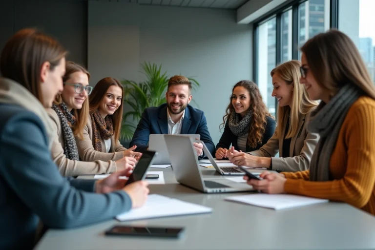 Groupe de jeunes professionnels en réunion dans un bureau moderne