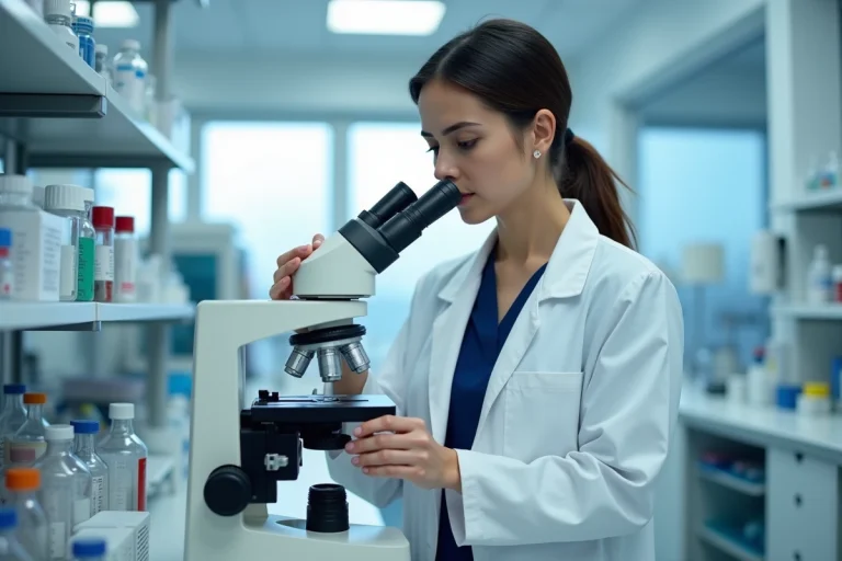 Hématologue examinant une lame de sang au microscope dans un laboratoire médical moderne pour analyser une granulocytose