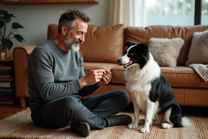 Homme apprenant à son border collie à s'asseoir dans un salon confortable, éducation canine à la maison