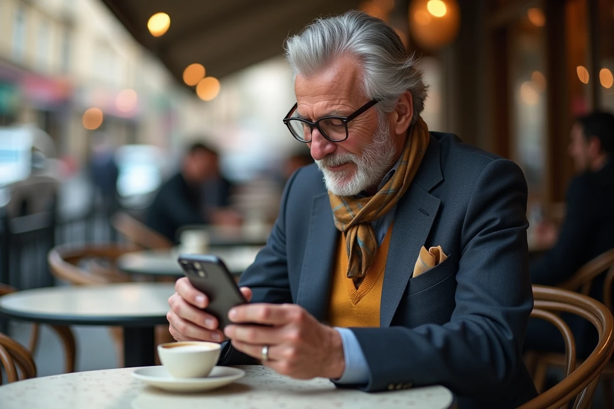 Homme d age assis dans un café urbain avec smartphone et espresso