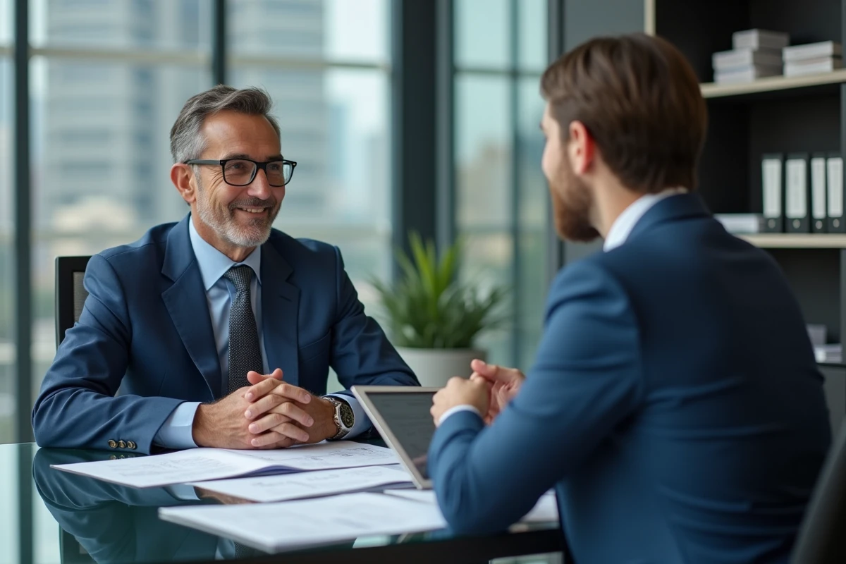 Homme daffaires en costume consulte un conseiller financier