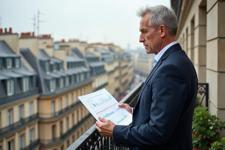 Homme en costume bleu tenant des données immobilières sur un balcon parisien