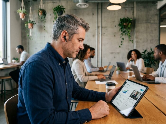 Homme d'une quarantaine d'années se formant en ligne sur une tablette dans un espace de coworking moderne lors d'une reconversion professionnelle
