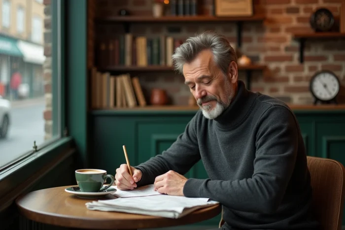 Homme élégant et pensif attablé dans un café parisien, portrait intimiste évoquant une vie privée discrète
