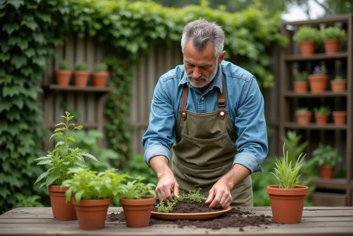 Homme jardinant avec soin des plantes aromatiques dans un jardin bucolique pendant ses loisirs