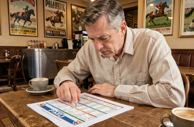 Homme consultant un programme de courses PMU dans un café français traditionnel