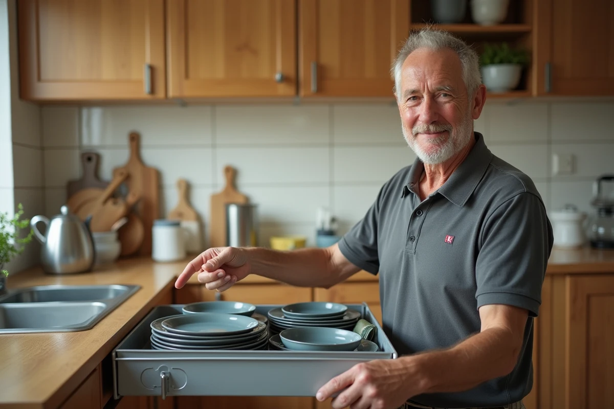 Homme âgé montrant un tiroir à vaisselle bien rangé