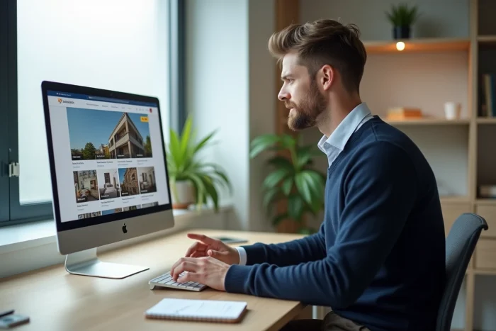 Hombre buscando anuncios inmobiliarios en línea en una computadora de escritorio en una oficina en casa