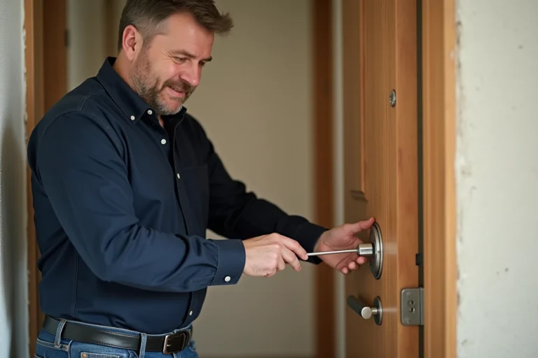 Homme d'âge moyen réparant une serrure de porte moderne