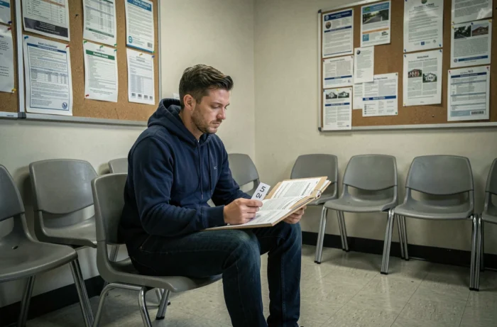 Homme assis dans une salle d'attente d'un office HLM avec des documents de demande de logement social à la main