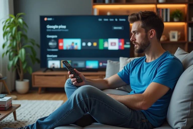 Homme assis sur un canapé regardant la TV avec interface Google Play