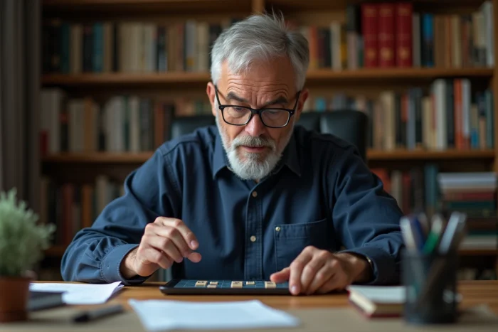 Homme âgé jouant au Scrabble en ligne sur une tablette dans un bureau à domicile