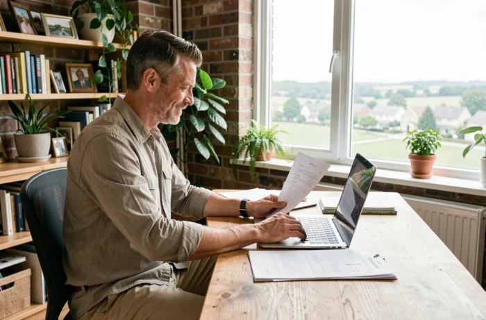 Homme en télétravail dans une maison entre deux métropoles, conciliant vie professionnelle et cadre de vie rural