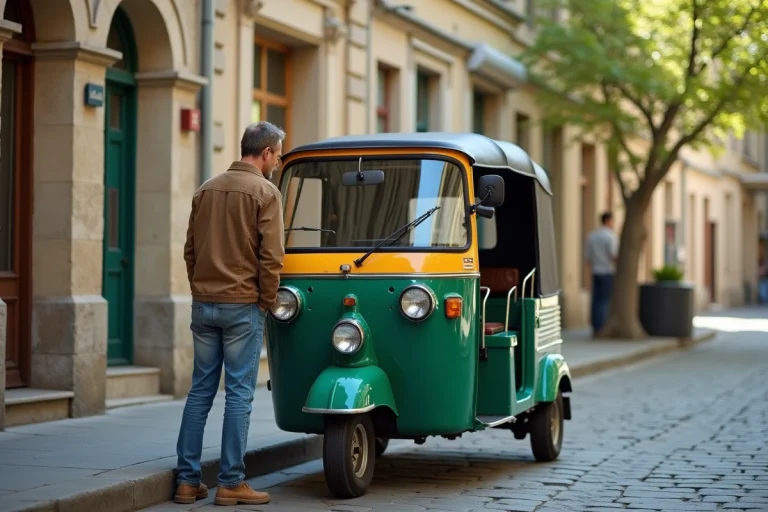 Homme d'âge moyen près d'un tuk tuk coloré en ville