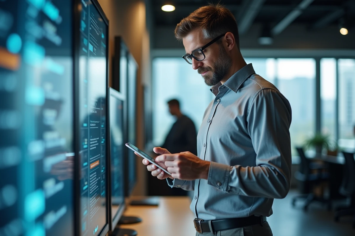 Homme controlant des notifications de securite sur une tablette