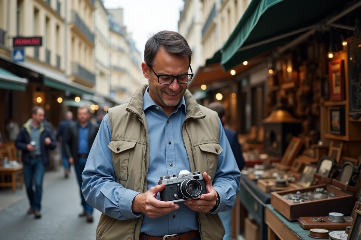 Homme examinant une vieille caméra dans un marché parisien